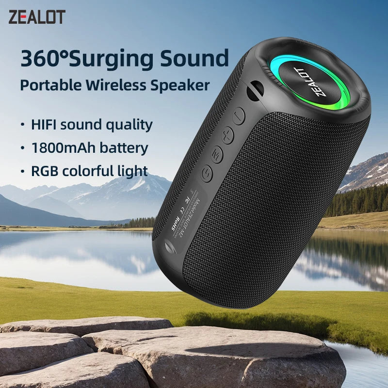zealot-m2 Portable Bluetooth Speaker,IPX5 Waterproof 360° Wireless Speaker TWS Stereo Pairing 10hrs Playtime For Camping Hiking