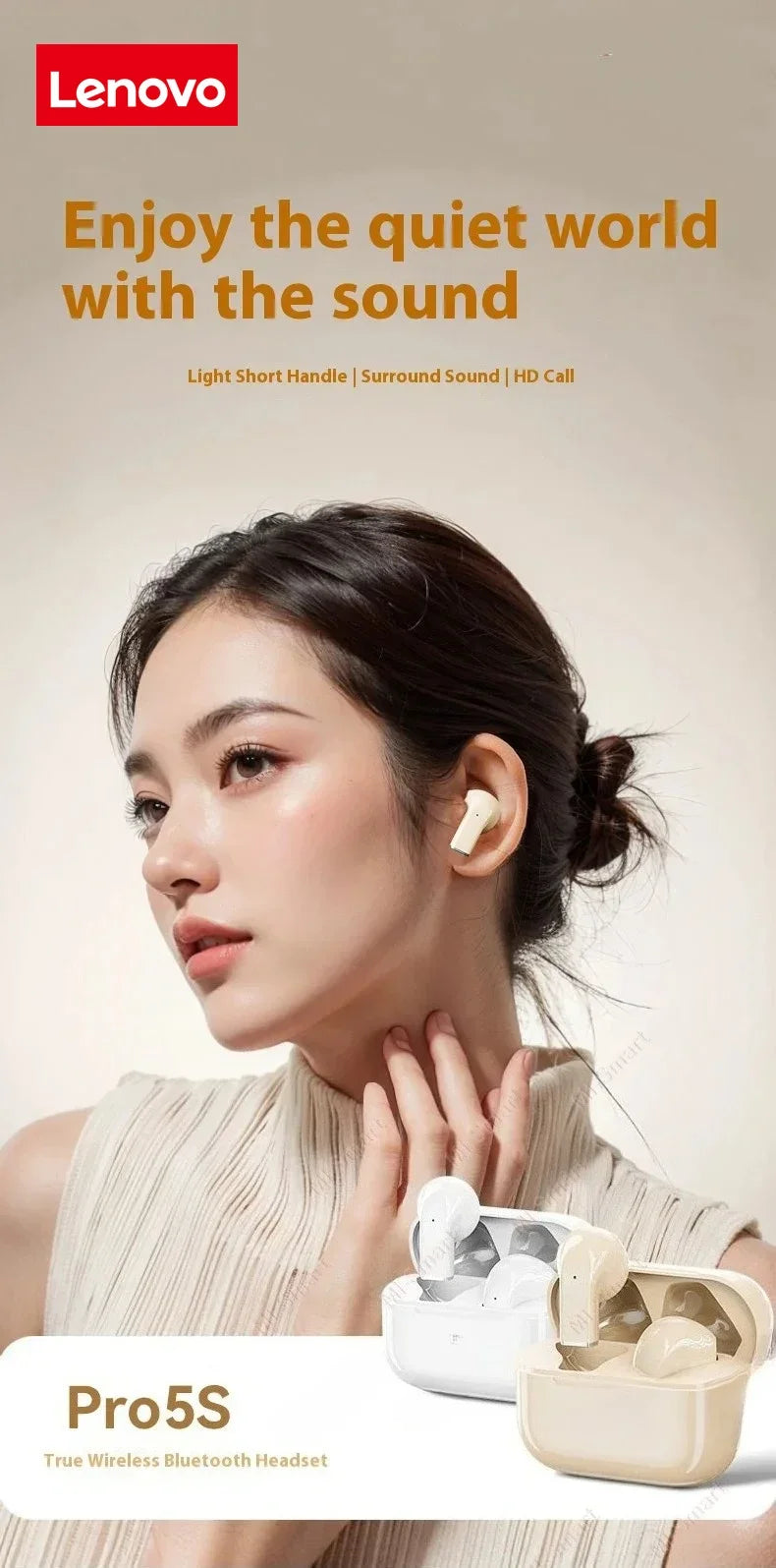Lenovo Pro 5s Headphones Mini Portable Wireless Bluetooth Earphones Noise Reduction and Long Battery Life With Mic