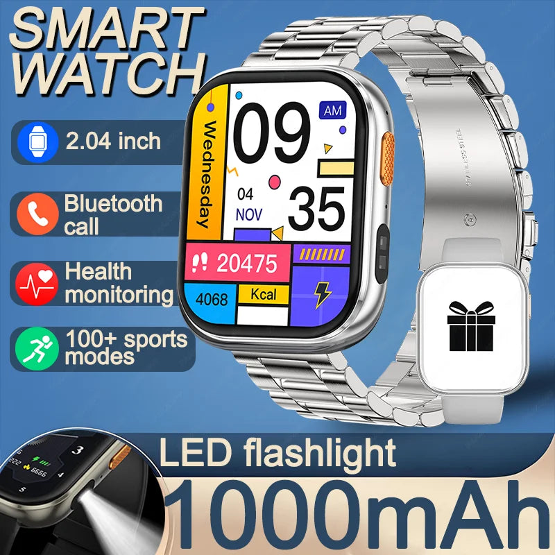 Outdoor New 1000mAh SmartWatch 2.04"HD Screen Smartwatch LED Flashlight 100+sports mode BT Call Waterproof SmartWatches Men Wome