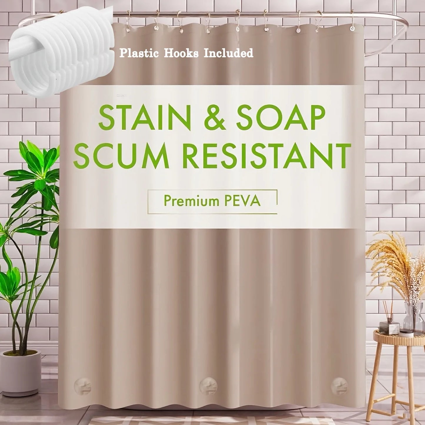 1pc Gray Shower Curtain Liner with Weighted Magnets Plastic Hooks and Durable Metal Grommets Bathroom Curtain Bath Curtain