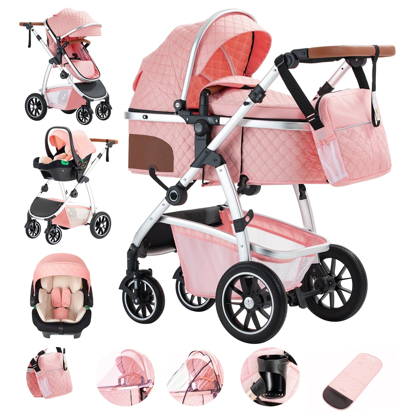3 in 1 Prams Travel System, Pushchair with Height Adjustable Handle, Travel Pram with Mosquito Net, Baby Stroller with Aluminum