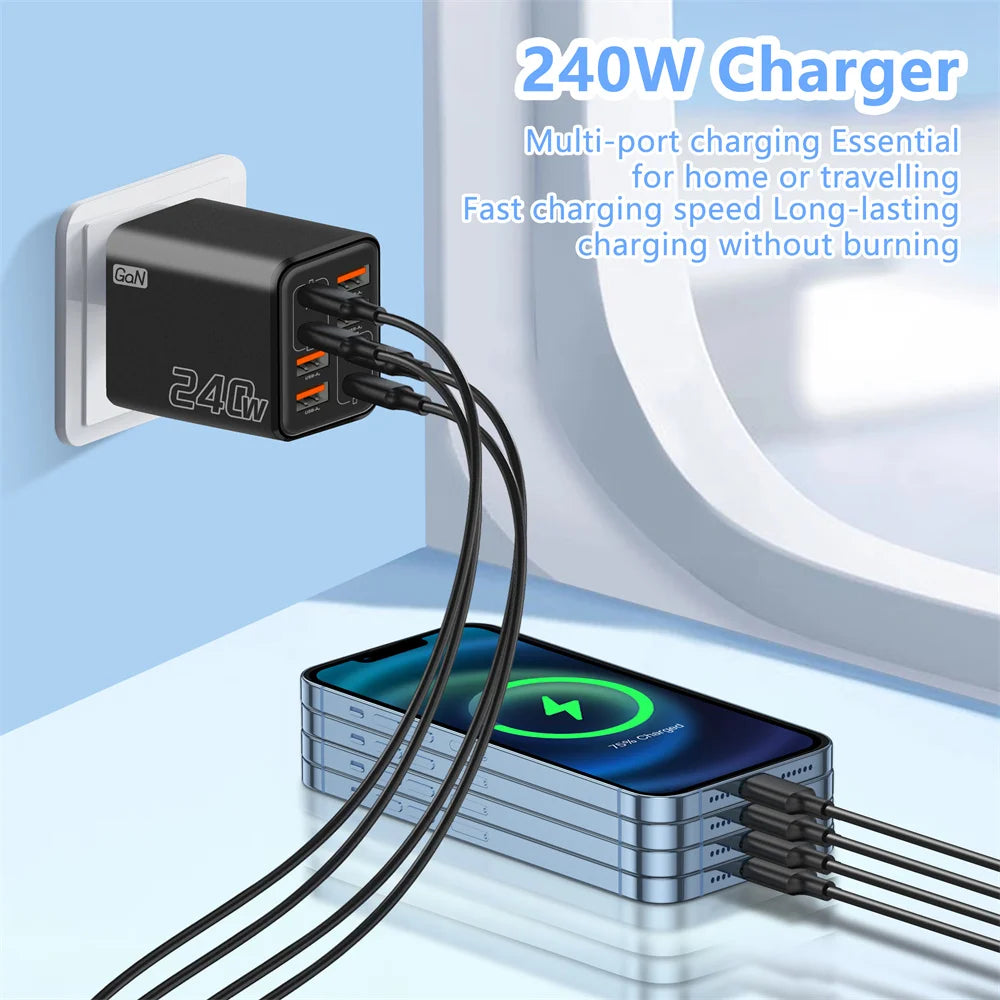240W 8 in 1 USB C GaN Charger Fast Charging Phone Charger Power Adapter For iPhone Samsung Xiaomi EU/US/UK Plug Travel Charger