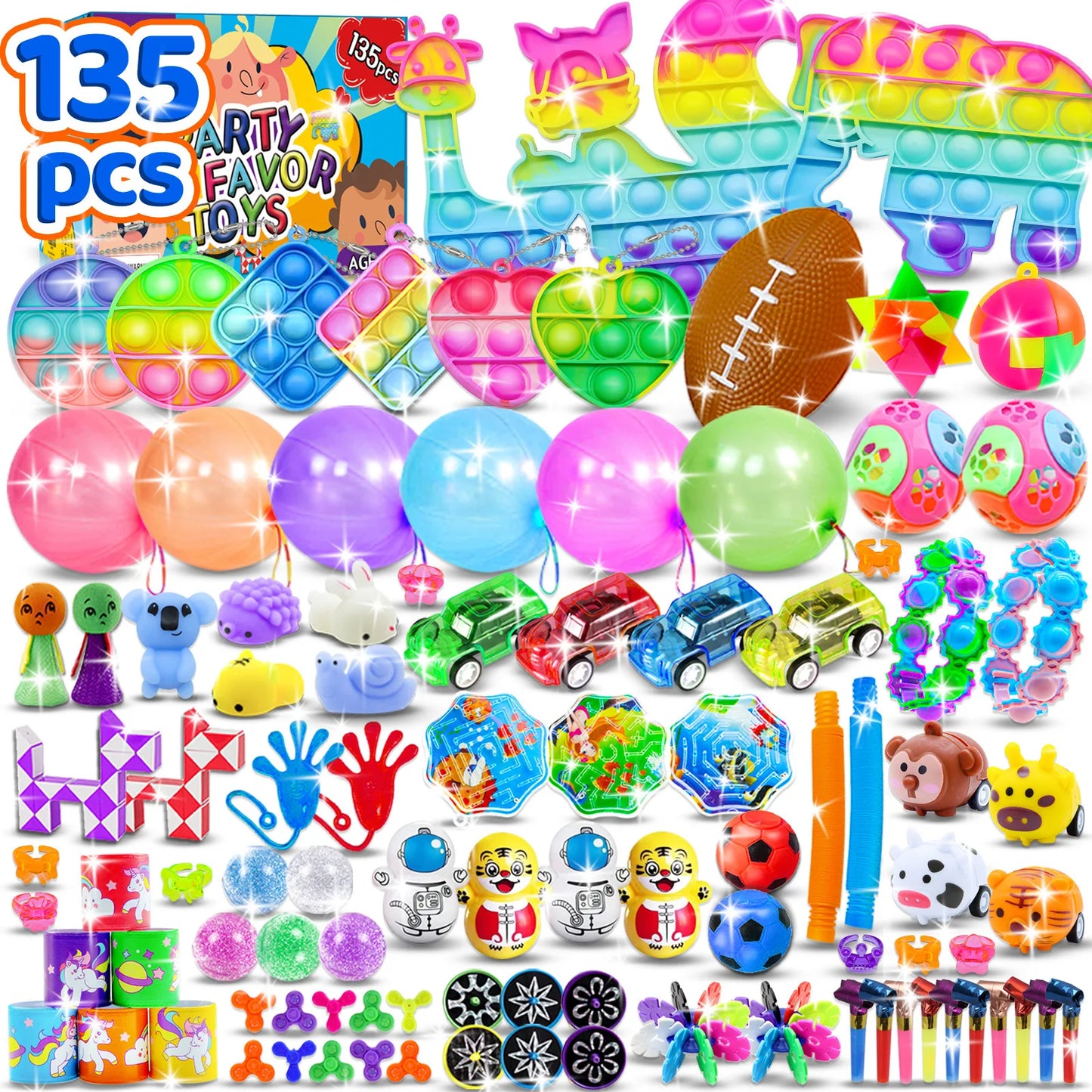 120/206Pcs Kids Birthday Pinata Toys Snap Bracelets Push Bubble Fidget Toys Carnival Prize Pinata Filler Bulk Toys Kids Gifts