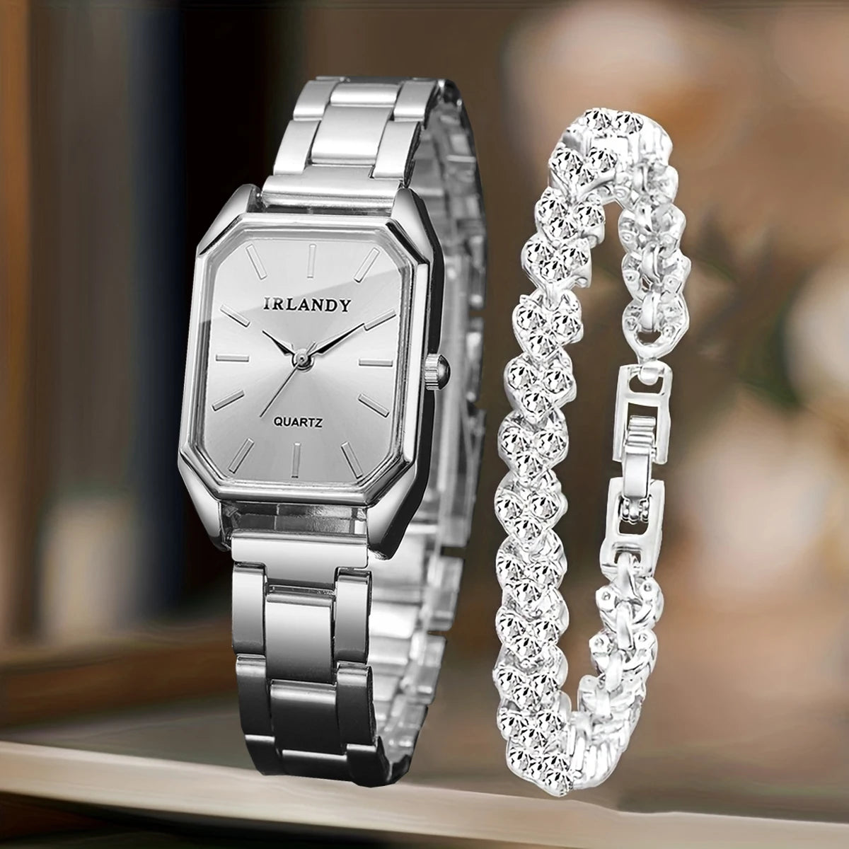 2PCS Fashion Rectangle Women Quartz Watch Rhinestone Bracelet Set Elegant Ladies Wristwatches Reloj Mujer Clock（Without Box）