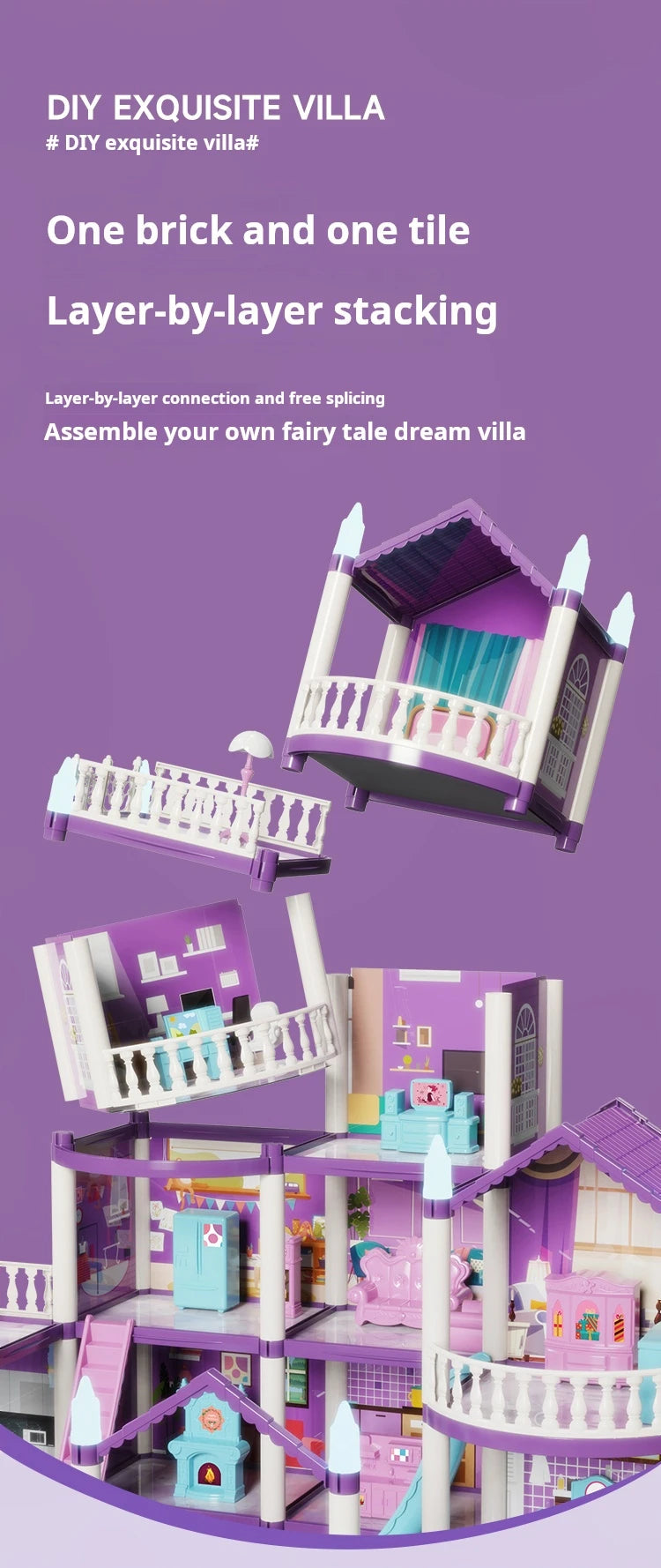 3D DIY Fantasy Princess Castle Villa Assembly Doll House Set Toys, Girls Home Toys & 3D Kids Toys