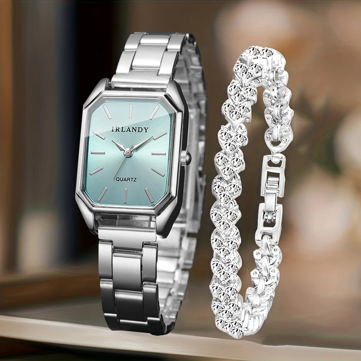 2PCS Fashion Rectangle Women Quartz Watch Rhinestone Bracelet Set Elegant Ladies Wristwatches Reloj Mujer Clock（Without Box）