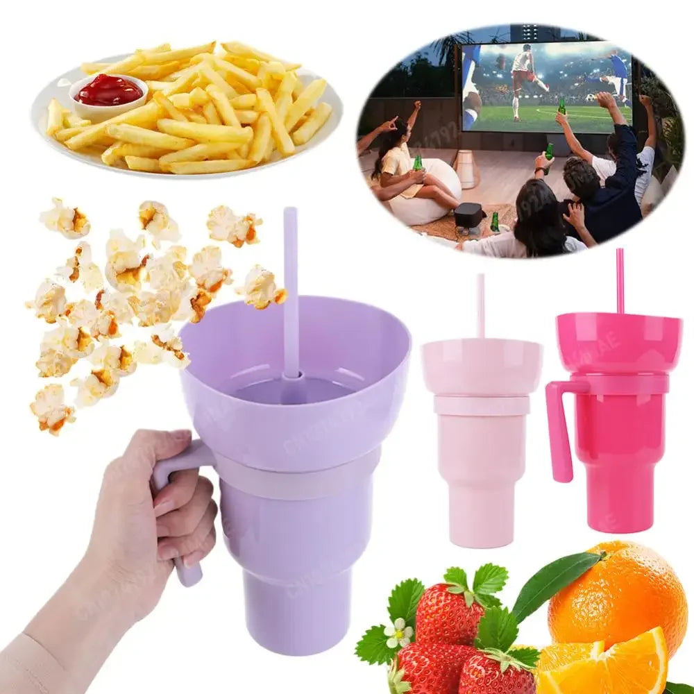 1000ml Portable Snack Container Multifunction Stadium Tumbler Popcorn Beverage Cup with Straw & Handle for Cinema Home Travel