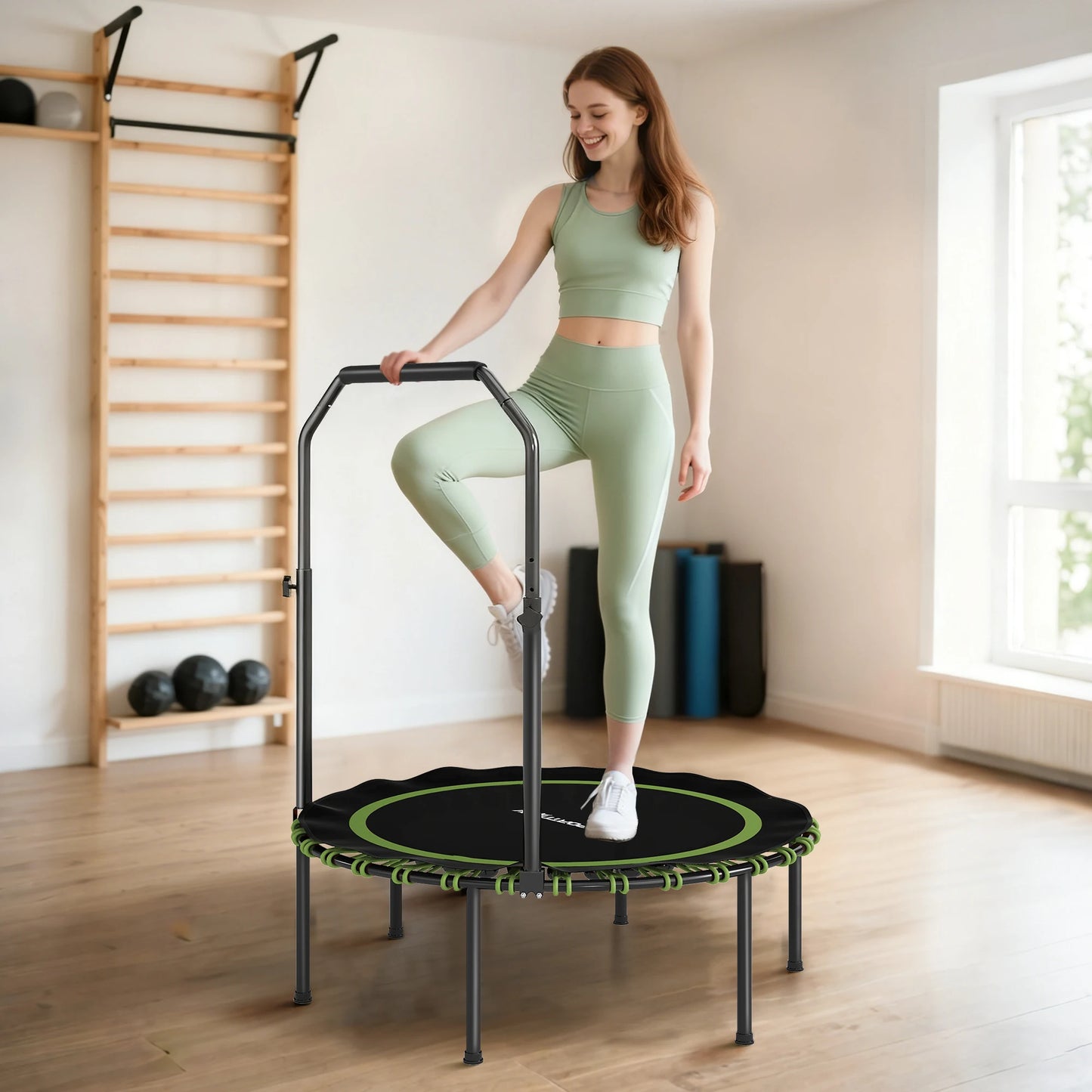 SPORTNOW 40'' Foldable Fitness Trampoline, Mini Trampoline Bungee Rebounder with 5-Level Adjustable Handle for Adults Indoor Out
