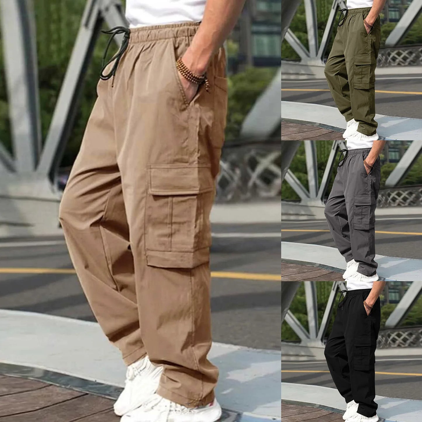 Men Loose Cargo Pants Summer Male High Elastic Waist Zip Pocket Straight Full Trousers BFDZ-A717