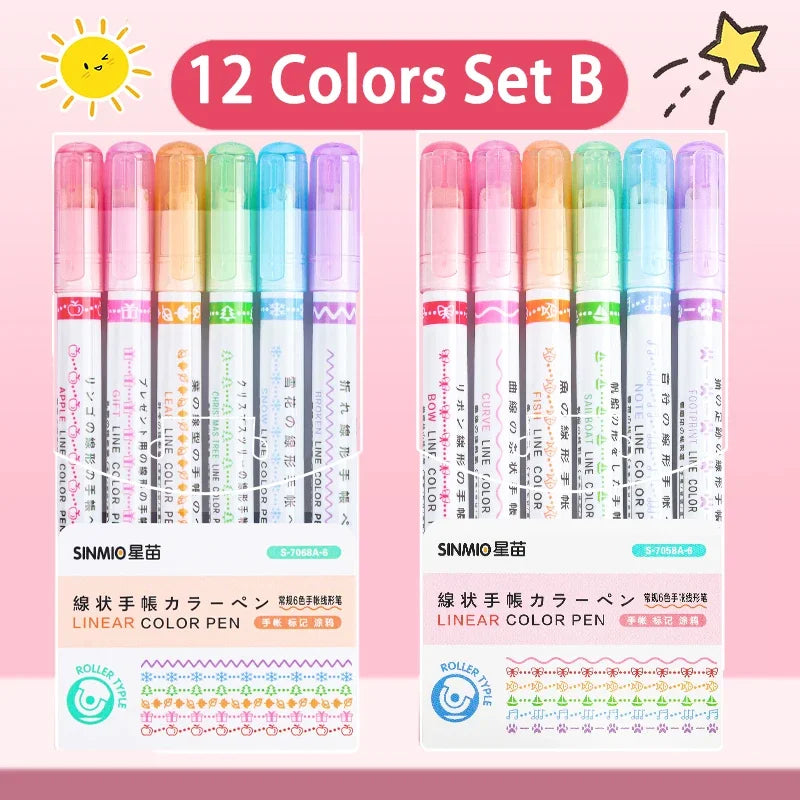 24/3 PCS Kawaii Flowers Line Shaped Highlighter Pens Roller Tip Curve Liner Marker for Writing Journaling Drawing Stationery