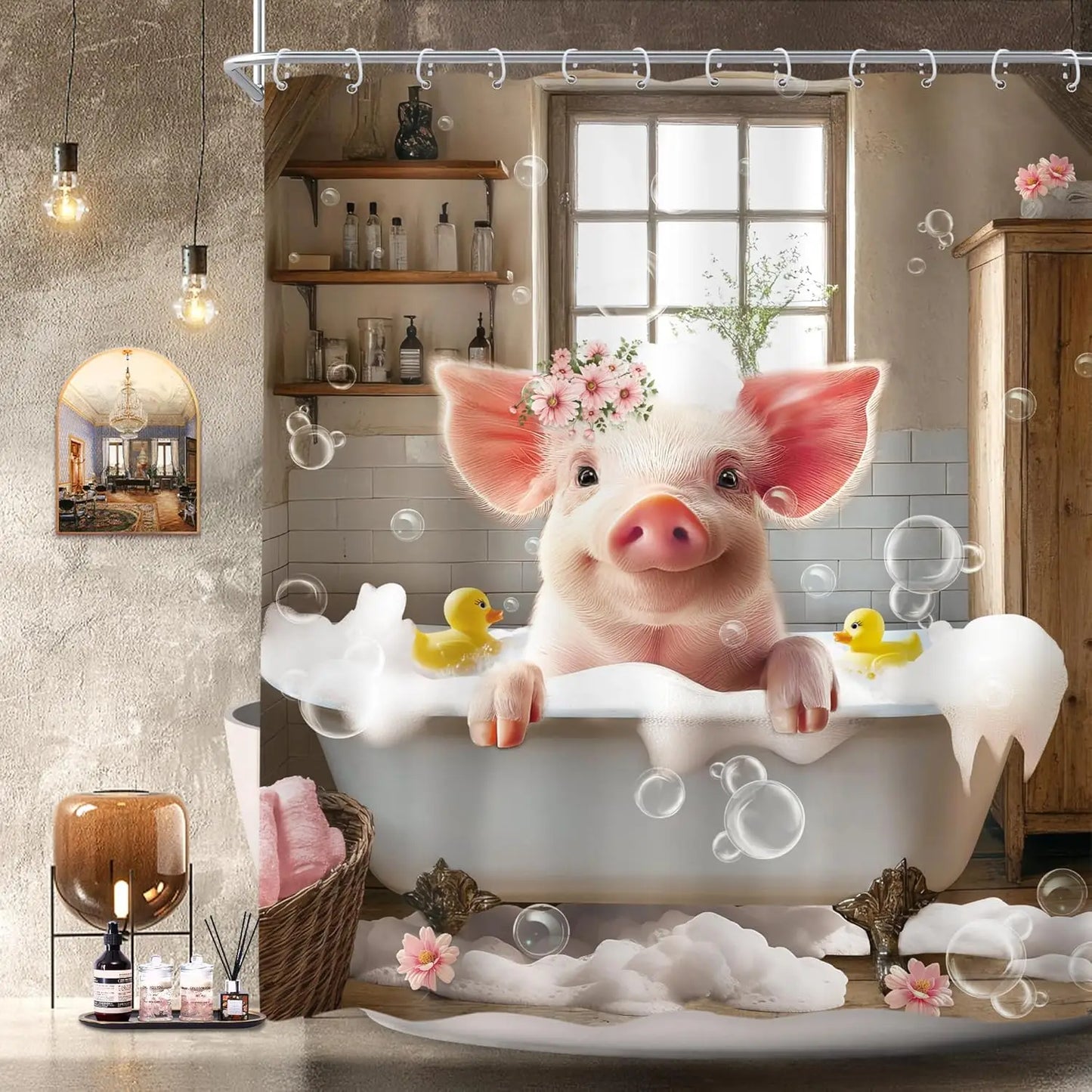 Funny Pig Shower Curtain Farmhouse Rustic Farm Animal in Bathtub Cute Western Country Shower Curtain Bathroom Set Pink Floral
