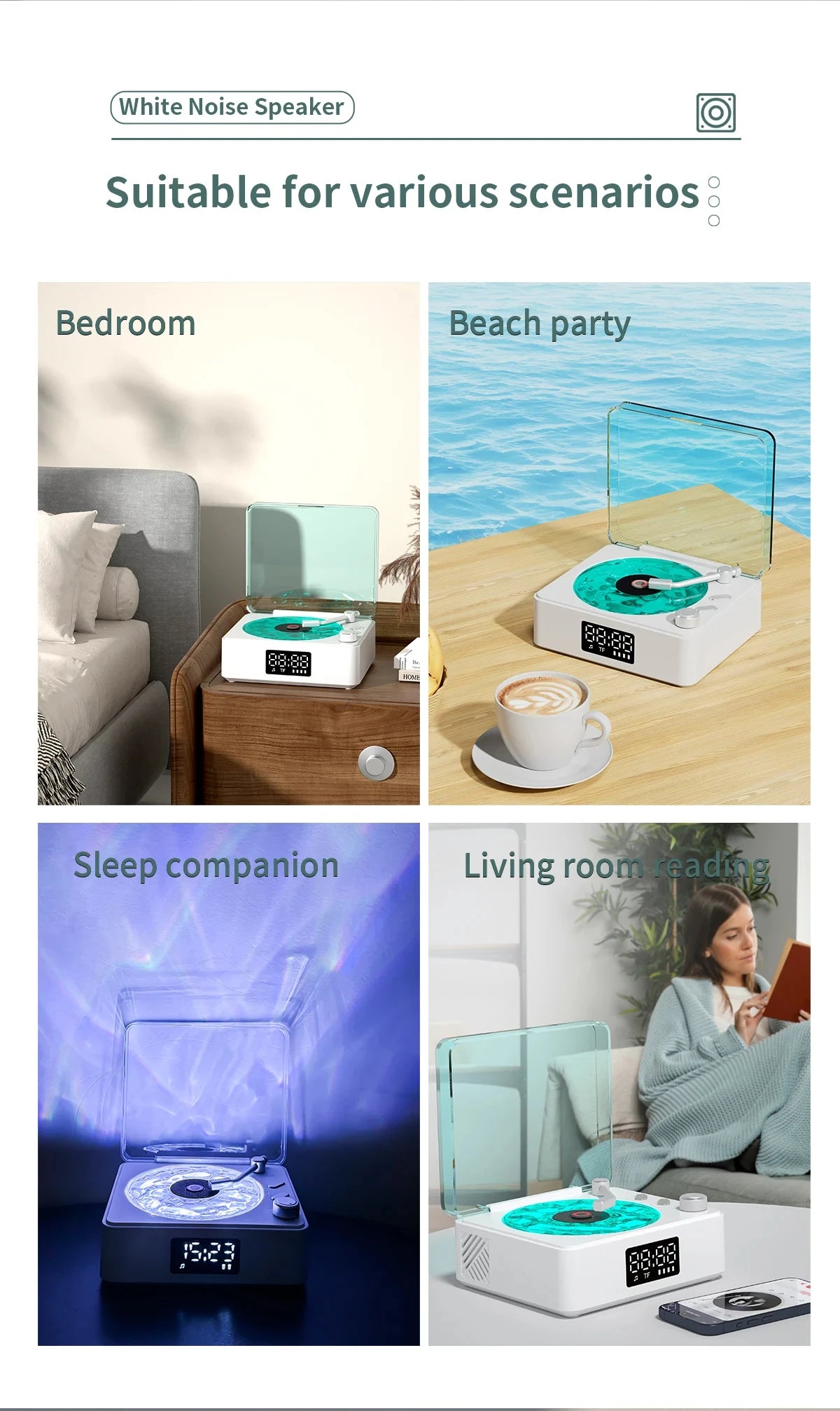 Waves Vinyl Player Bluetooth Speaker with White Noise Retro Turntable Speaker Sleep Aid Vitrola Shaped Speaker with RGB Light