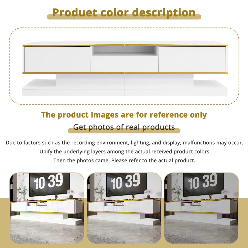 PINGGO Modern TV Cabinet with Three Drawers and an Open Compartment - High Gloss with Color-Changing LED Lights, 180*38*45cm