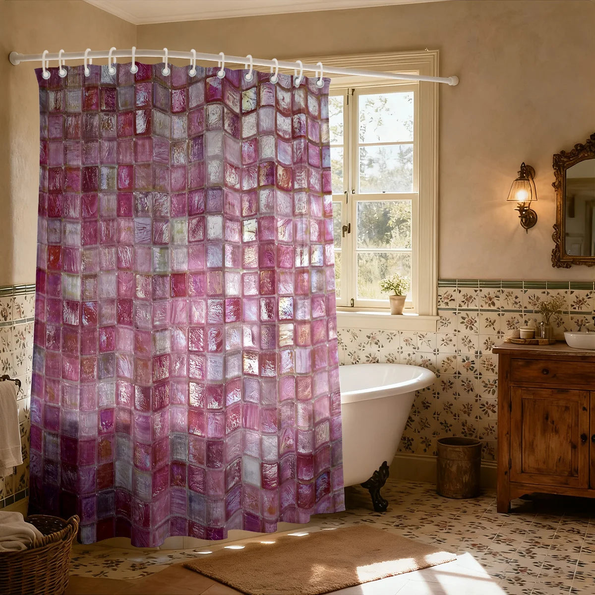 1pc pink ice block imitation simple printing waterproof partition privacy hanging curtain with 12 hooks, multiple sizes