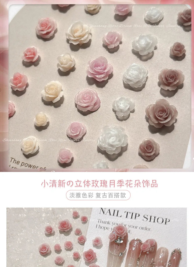 50PCS 3D Mix Sizes Beautiful Blossoming Rose Flowers Resin Adhesive Nail Art Rhinestones Decorations Manicure Kawaii Charms