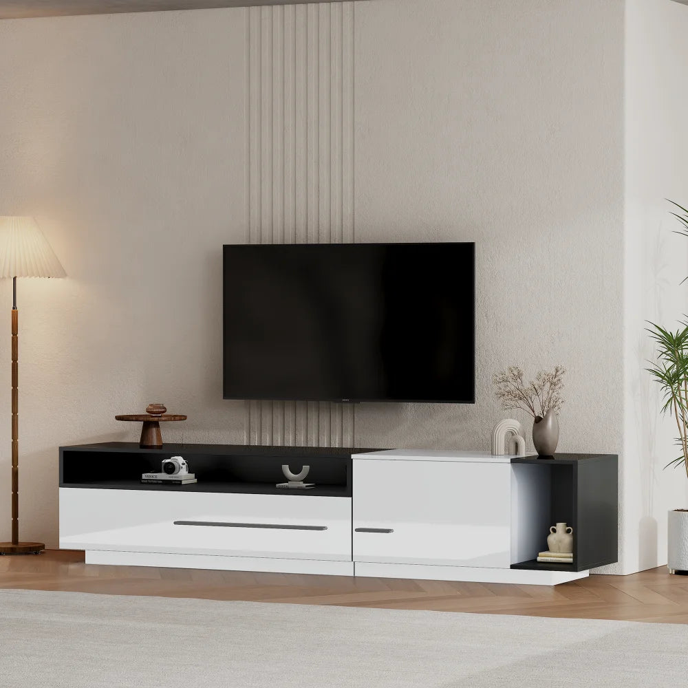 PINGGO 70 Inch High Gloss TV Stand, Entertainment Center for 60 to 70 Inch TVs with 2 Closed Storage Spaces,Living Room TV Stand