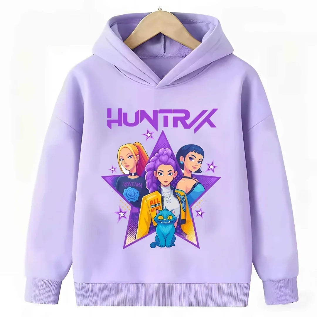 2026 New Kpop Demon Hunter Cartoon Hoodie Kids Boys Girls Purple Warm Casual Loose Sweatshirt Children Fashion Streetwear Tops