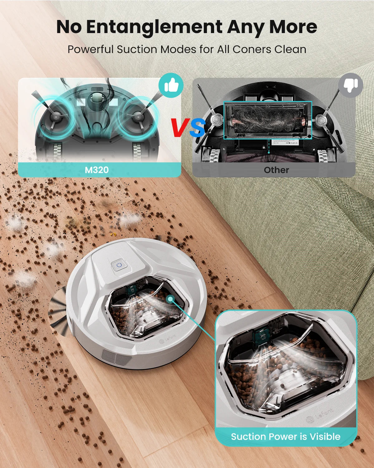 Lefant M320 Robot Vacuum Cleaner, Carpet Detection, 6,000 Pa Suction, Low Noise,  210 Mins Runtime, Self-Charging, Ideal for Har