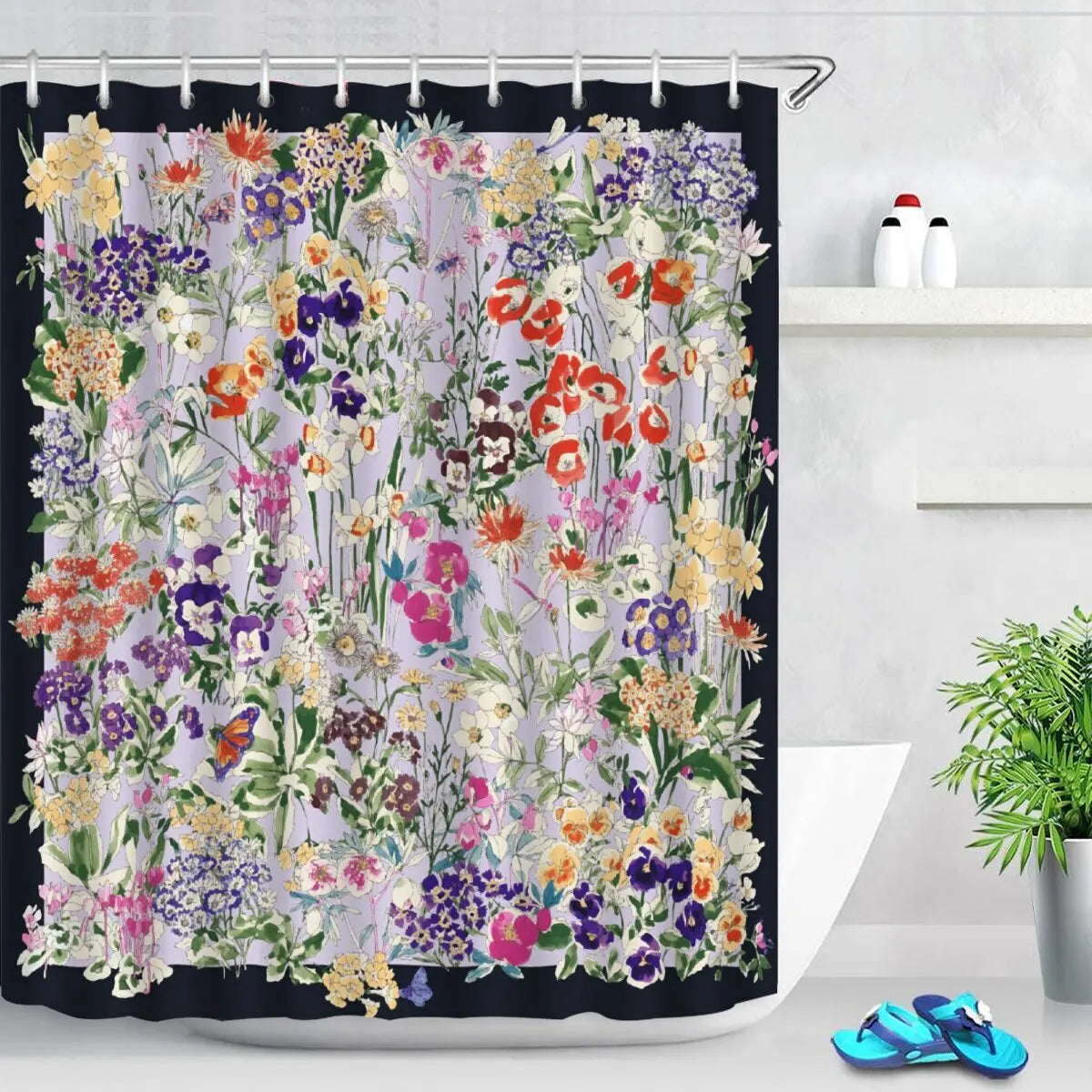 Pink Tulip Bathroom Curtain Flower Plant Shower Curtain Bathroom Polyester Waterproof Decorative Curtain with Hooks