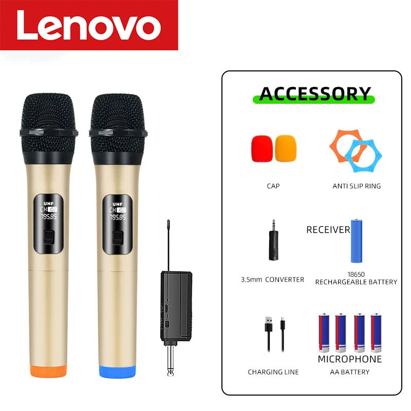 Lenovo Wireless Microphone 2.4G UHF Fixed Frequency 2 Channels Handheld Micphone For Live Party Karaoke Professional Meeting