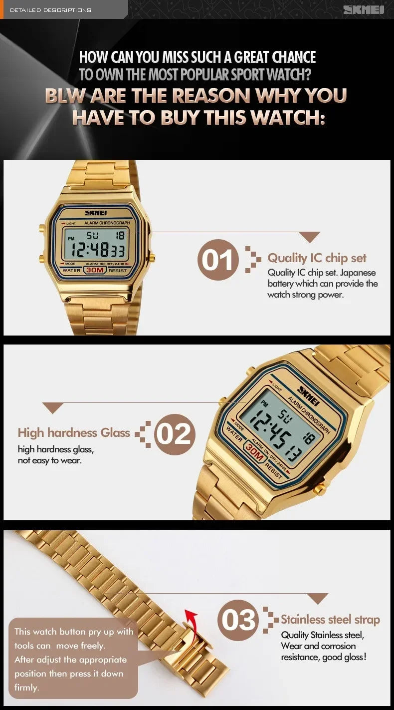 SKMEI Digital Sports Watch for Men Luxury Stainless Steel Electron Waterproof Mens Wristwatches Clock 1328 Reloj Hombre 1123