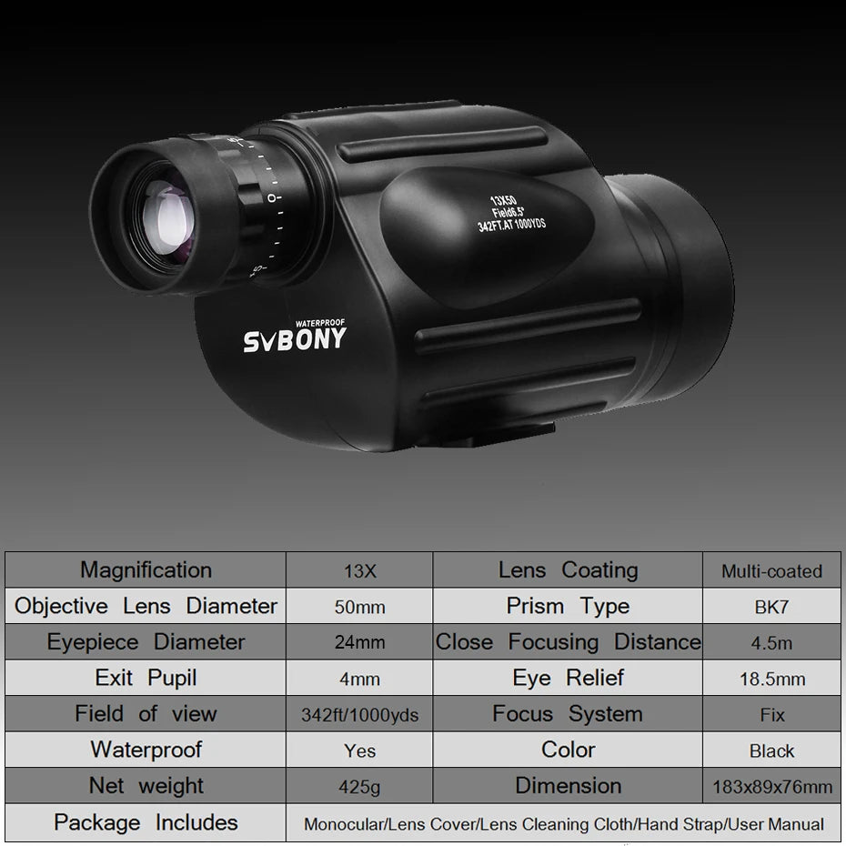 Svbony Telescope SV49 13x50 Monocular Powerful,Professional Monoculars,Waterproof,camping Equipment,for travel and hunting