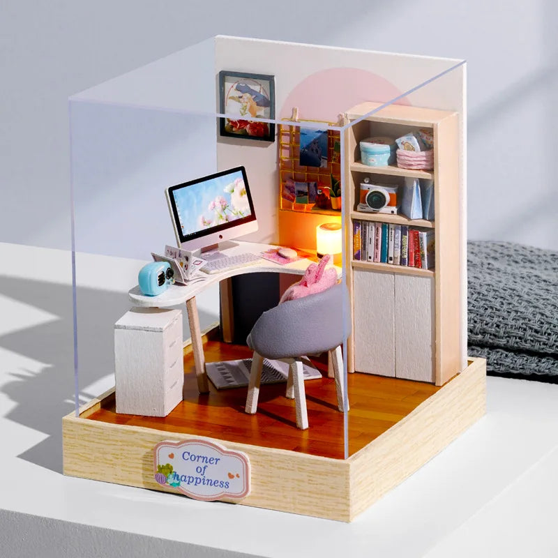 Wooden Miniature Doll House DIY Handmade Assembly Model Building Kit With Dust Cover 3D Puzzle Dollhouse Toys Birthday Gifts