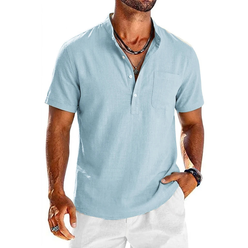 Summer Men's Short Sleeve Linen Shirts Lightweight T-shirts for Men Breathable Henley Shirt Casual Pocket Button Tee Beach Shirt