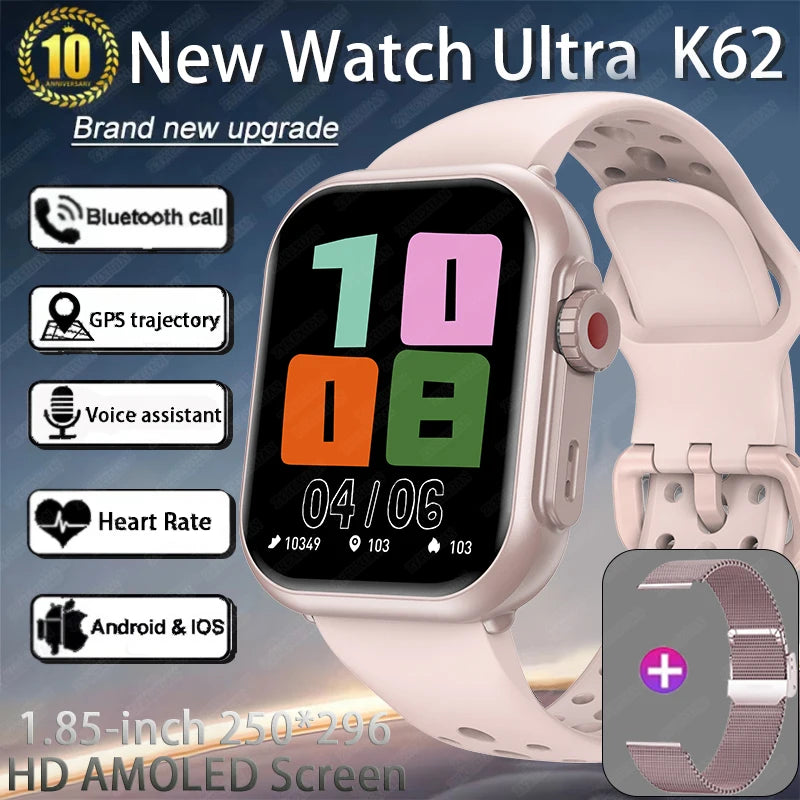 Watch Ultra K62 Men Women 1000mAh AMOLED 100+Sport Heart Rate HD Bluetooth Call GPS Track Waterproof Smart Watch For iOS Android