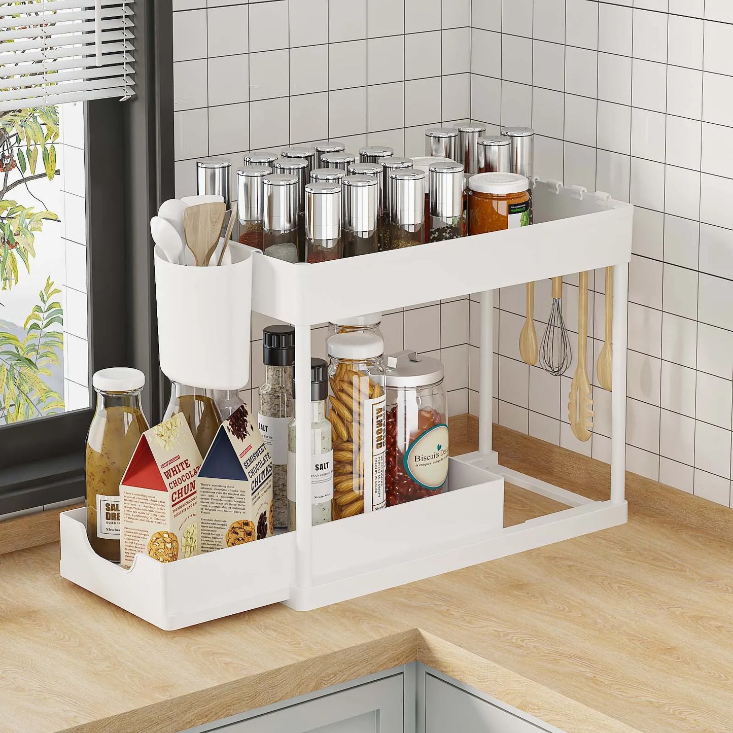 2-Tier Pull Out Under Sink Organizer, Storage Rack with Hooks & Cups, Space Saving Slide-Out Shelf for Kitchen Bathroom Cabinet