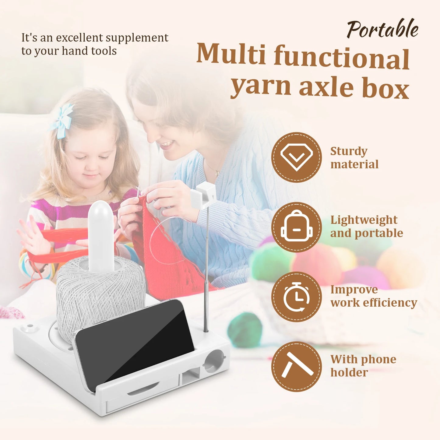 Versatile Yarn Spool Box Portable Crochet Caddy Yarn Organizer Spool Box with Bottom Drawer & Phone Stand for Knitting Lovers