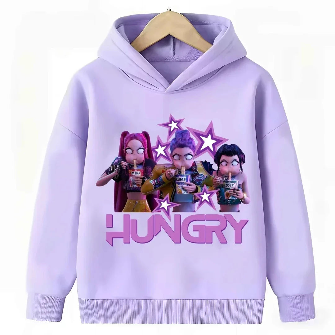 2026 New Kpop Demon Hunter Cartoon Hoodie Kids Boys Girls Purple Warm Casual Loose Sweatshirt Children Fashion Streetwear Tops