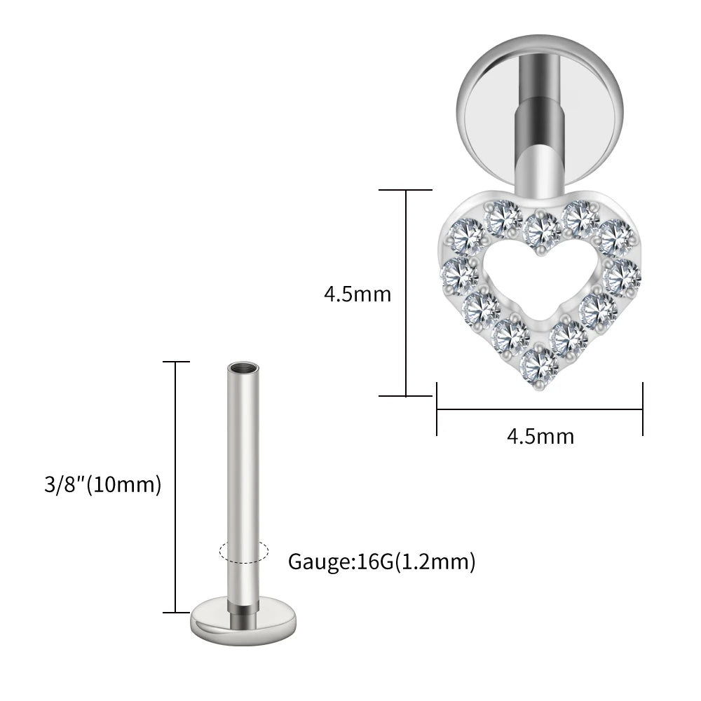 Right Grand ASTM F136 Titanium Mini Heart Cartilage Earring 16G Dainty Flat Back Labret Stud Tragus Helix Piercing Jewelry