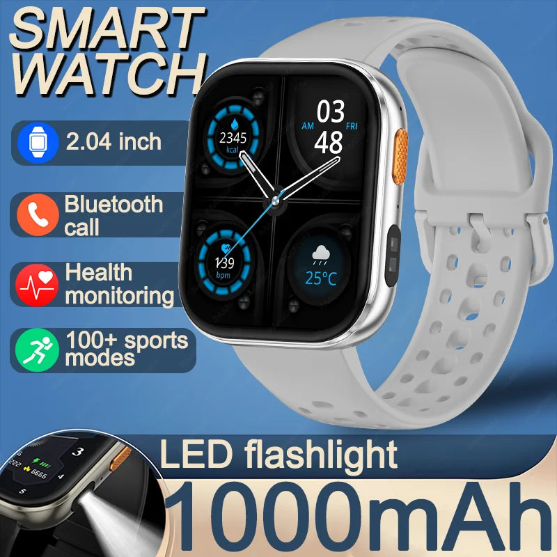 Outdoor New 1000mAh SmartWatch 2.04"HD Screen Smartwatch LED Flashlight 100+sports mode BT Call Waterproof SmartWatches Men Wome