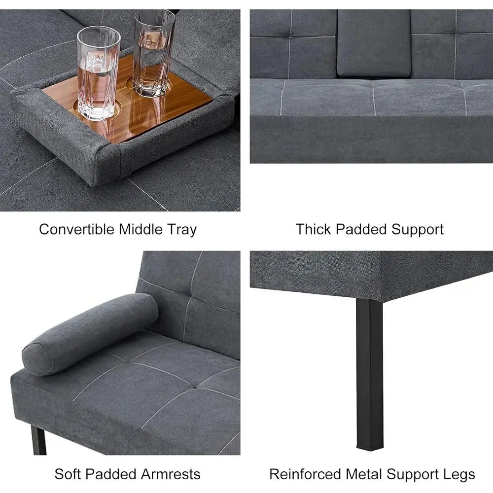 3-Seater Fabric Sofa Bed with Reclining Armrests and Grey Cup Holders