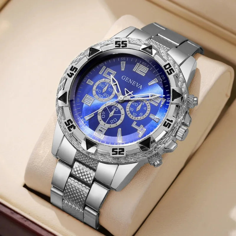 4PCS Fashion Arabic Dial Men Business Watches Bracelet Necklaces Set Luxury Mens Quartz Wristwatch Reloj Hombre（Without Box）