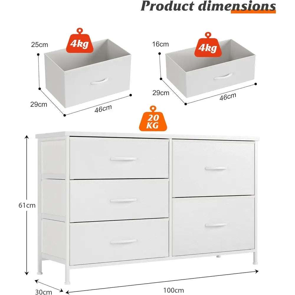 5 Drawer Bedroom Chest with Storage, Wooden Top, Steel Handles, White, 30 x 100 x 61