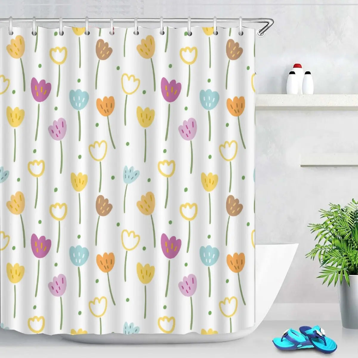 Pink Tulip Bathroom Curtain Flower Plant Shower Curtain Bathroom Polyester Waterproof Decorative Curtain with Hooks