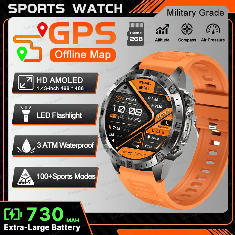 New TANK Military GPS Offline Map Smart Watch 730mAh 3 ATM Waterproof Sports Compass Heart Rate 2GB HD Bluetooth Call SmartWatch