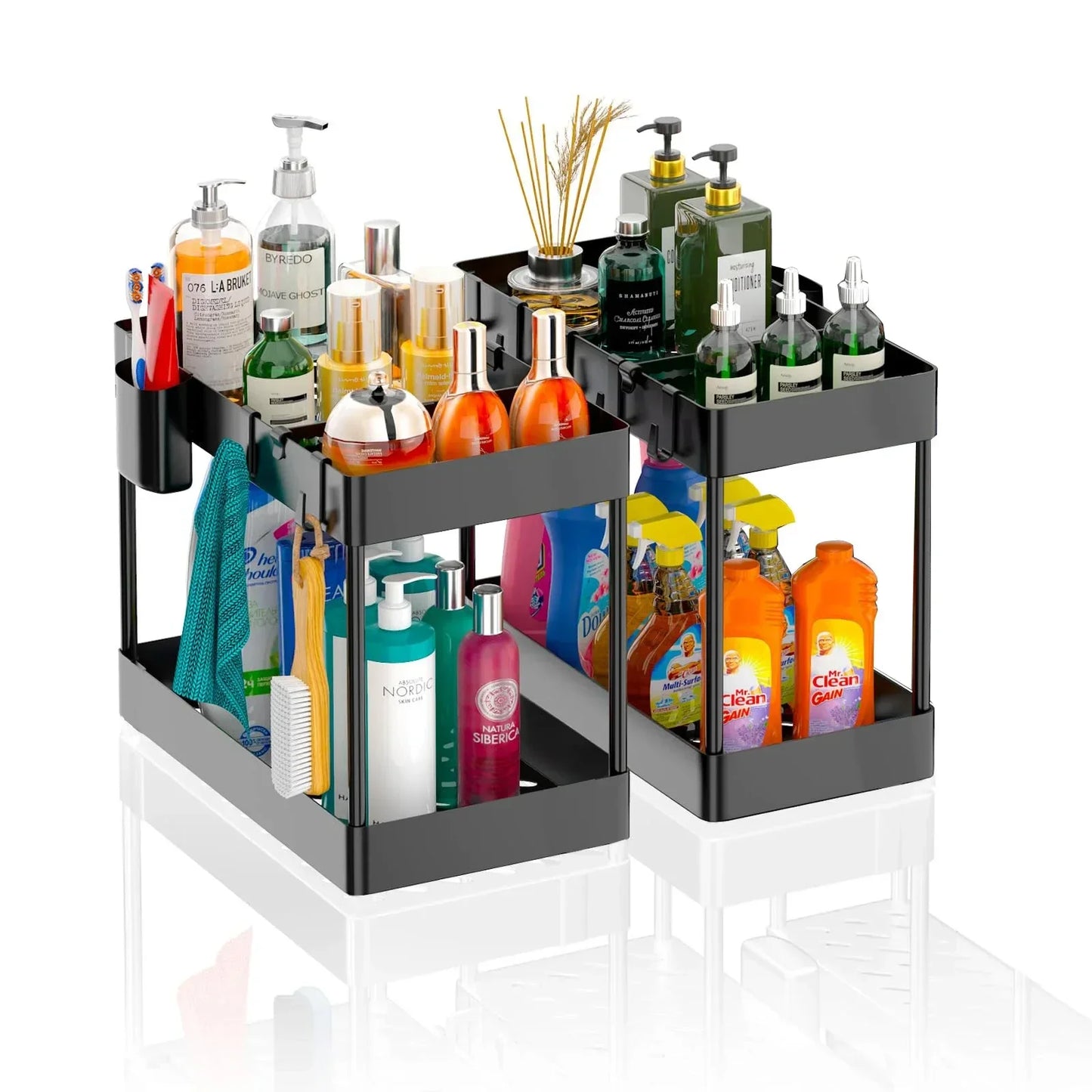 2-Tier Pull Out Under Sink Organizer, Storage Rack with Hooks & Cups, Space Saving Slide-Out Shelf for Kitchen Bathroom Cabinet