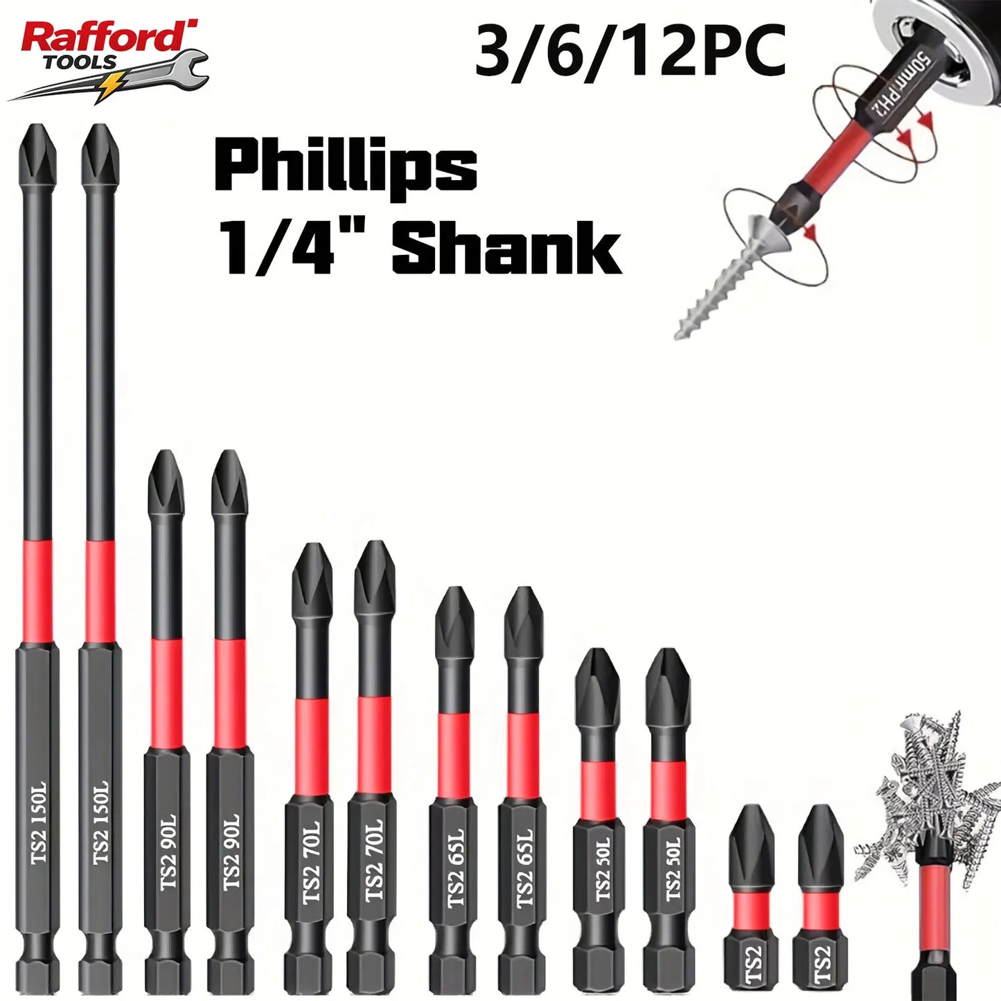 Rafford Magnetic Impact Screwdriver Bit Set 3/6/12Pcs High Torque S2 Steel 1/4"  Phillips PH2 for Electric and Manual Drills