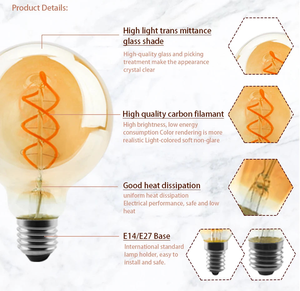 1-10pcs E27 E14 Retro Edison LED Filament Bulb AC 220V Spiral Light C35 G45 A60 ST64 G80 G95 G125 Glass Bulb Retro Candle Lamp