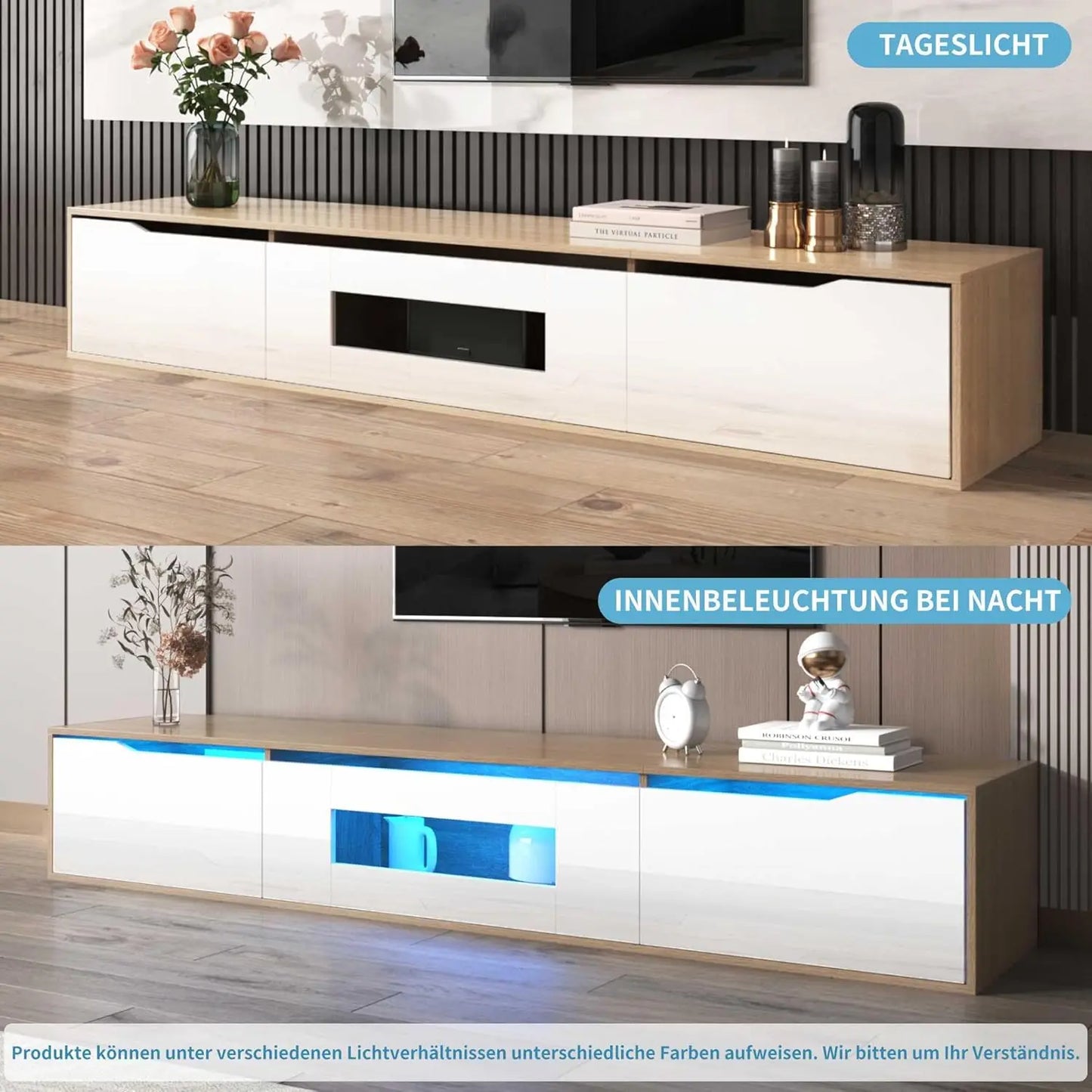 TV Cabinet High Gloss TV Cabinet Color Matching High Gloss White and Wood with Color Changing LED Light (White)