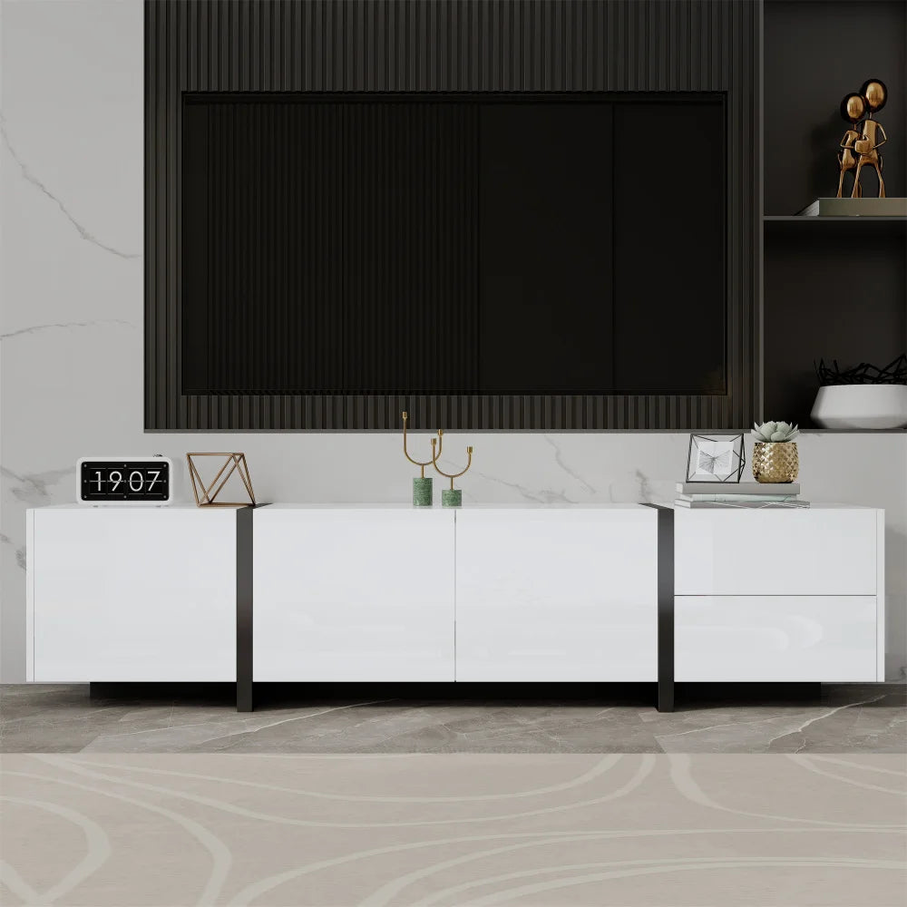 PINGGO TV cabinet, white high-gloss cabinet and black contrasting table legs, with simple cabinet doors and drawers.