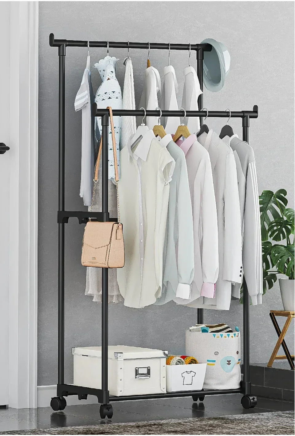 Standing Clothes Hanger Movable Simple Clothing Shelf Bedroom Storage Rack Assembled Closet Organizer Double Rod Coat Rack Floor
