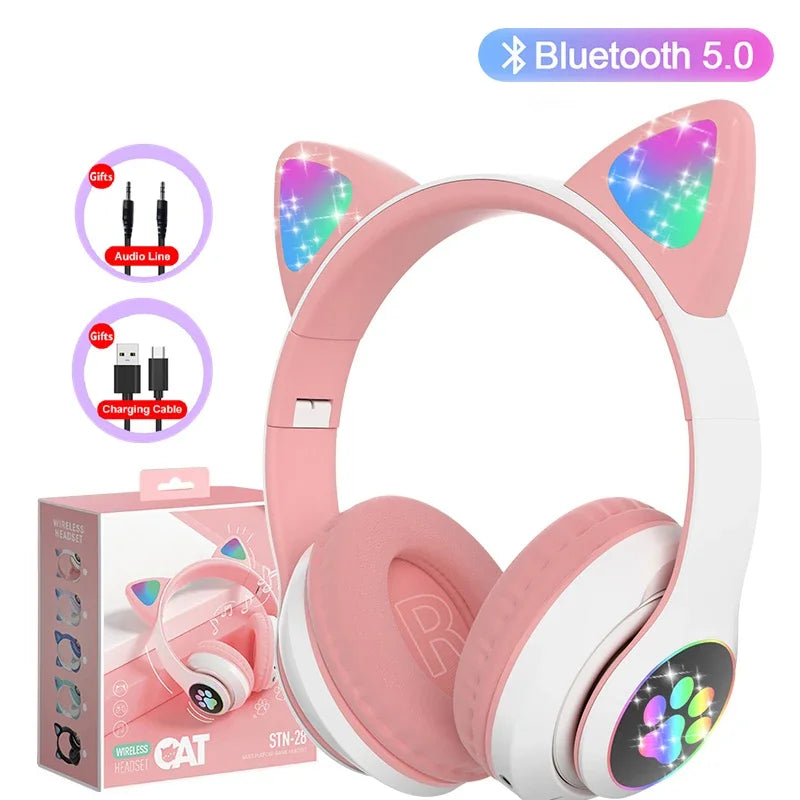 Bluetooth 5.0 Stereo With Mic Flash Lamp Cute Cat Ears Headphone Support TF Card Wireless Kids Girl Earphone Birthday Gift