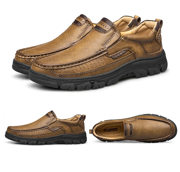 CLOHOOMen's Casual Loafers Handmade Breathable Leather Shoes with Thick Rubber Sole Comfortable Footwear Classic Hand Sewn Seams