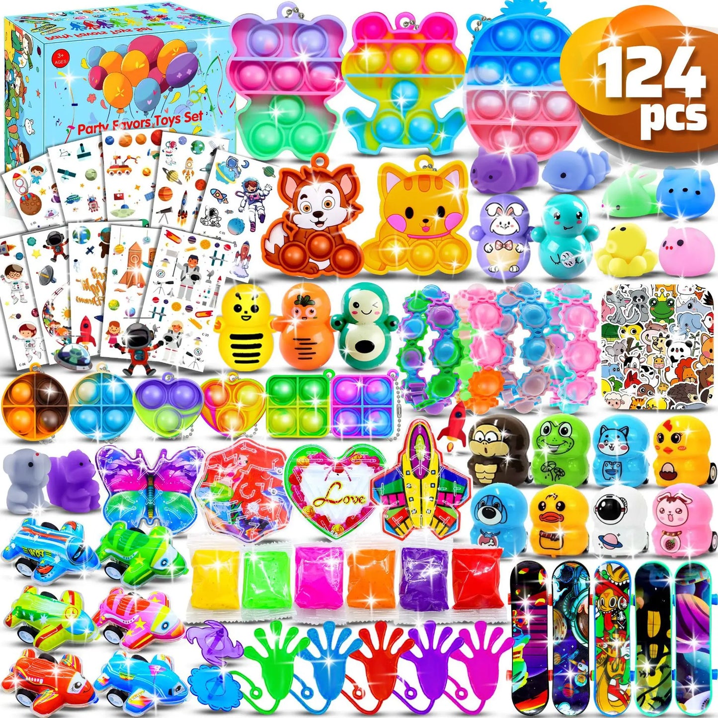 120/206Pcs Kids Birthday Pinata Toys Snap Bracelets Push Bubble Fidget Toys Carnival Prize Pinata Filler Bulk Toys Kids Gifts