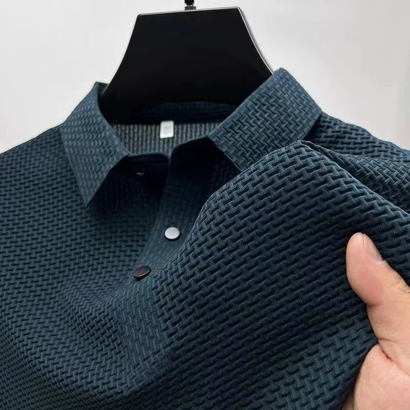 New Men's Business Casual Short Sleeved Bone Flower Solid Color POLO Shirt Fashion Breathable Comfortable Summer Versatile Top