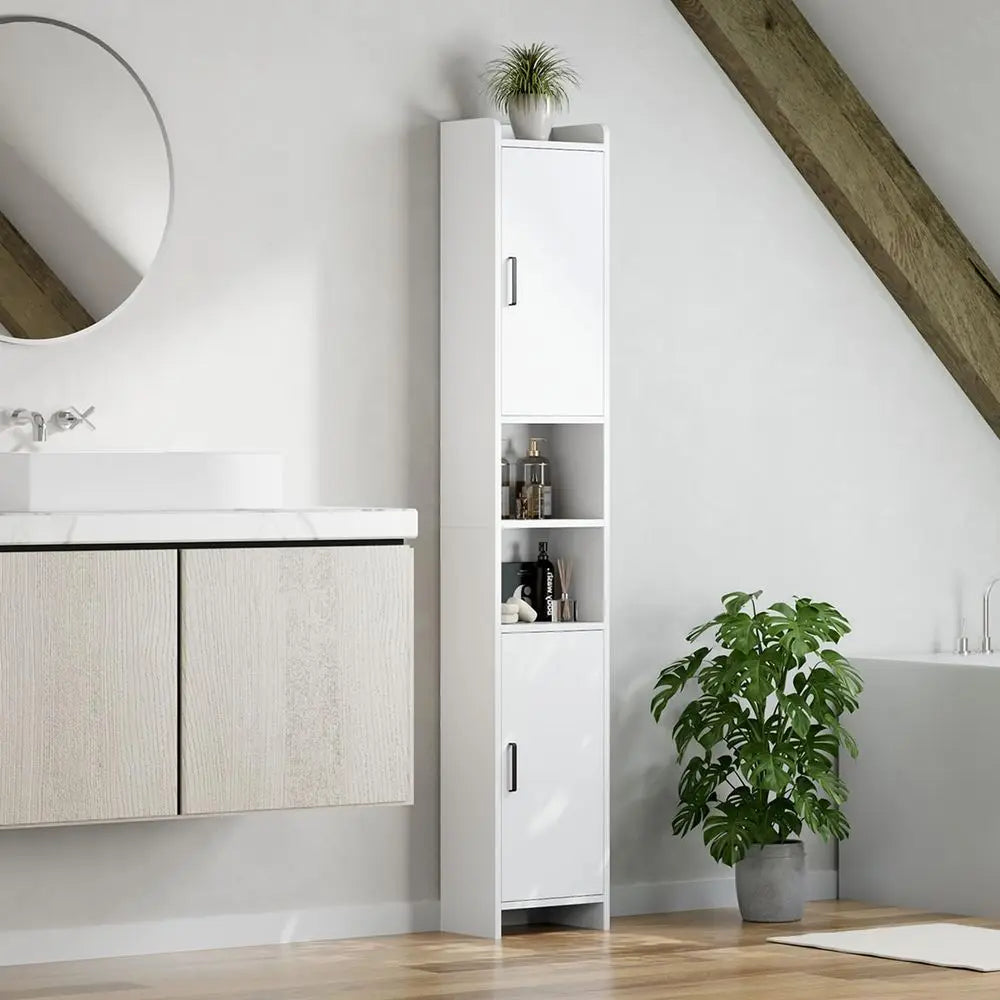 Tall Cabinet, Narrow Bathroom Storage Unit with 2 Doors amp Open Compartments, Slim Kitchen Cabinet for Small Spaces, Freestand